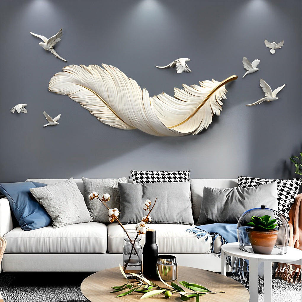 3D Feather Birds Wall Sculpture Art – Nordic Style Home Decor, Hand-Painted, White and Blue, 32 cm x 89 cm, Elegant Wall Statue Art 2