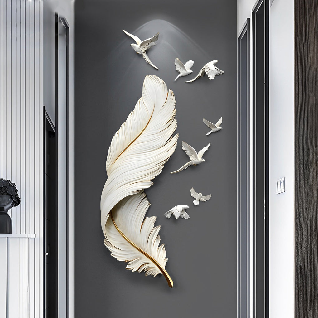 3D Feather Birds Wall Sculpture Art – Nordic Style Home Decor, Hand-Painted, White and Blue, 32 cm x 89 cm, Elegant Wall Statue Art 3