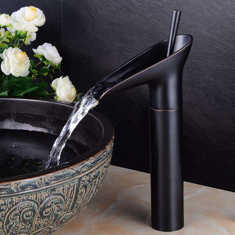 Antique Brass Bathroom Sink Faucet with Waterfall Spout – Single Handle Mixer Tap for Elegant Basin Taps