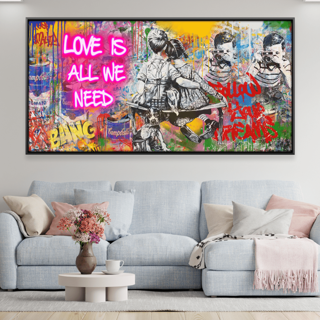 Banksy-Inspired Canvas Wall Art - Love Is All We Need Design, 24x36 Inches, Vibrant GiclΓ©e Print for Positive Home Decor 0