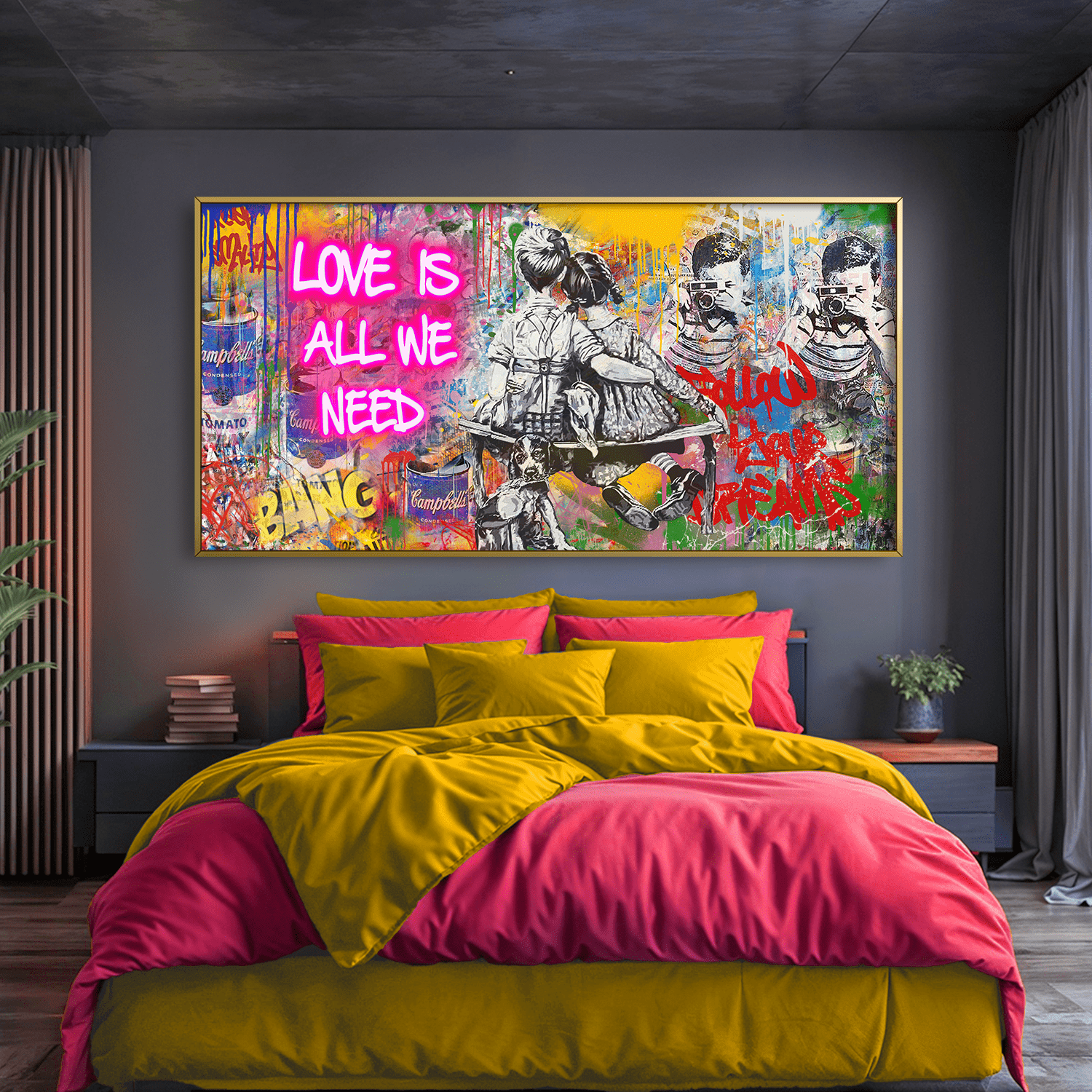 Banksy-Inspired Canvas Wall Art - Love Is All We Need Design, 24x36 Inches, Vibrant GiclΓ©e Print for Positive Home Decor 1