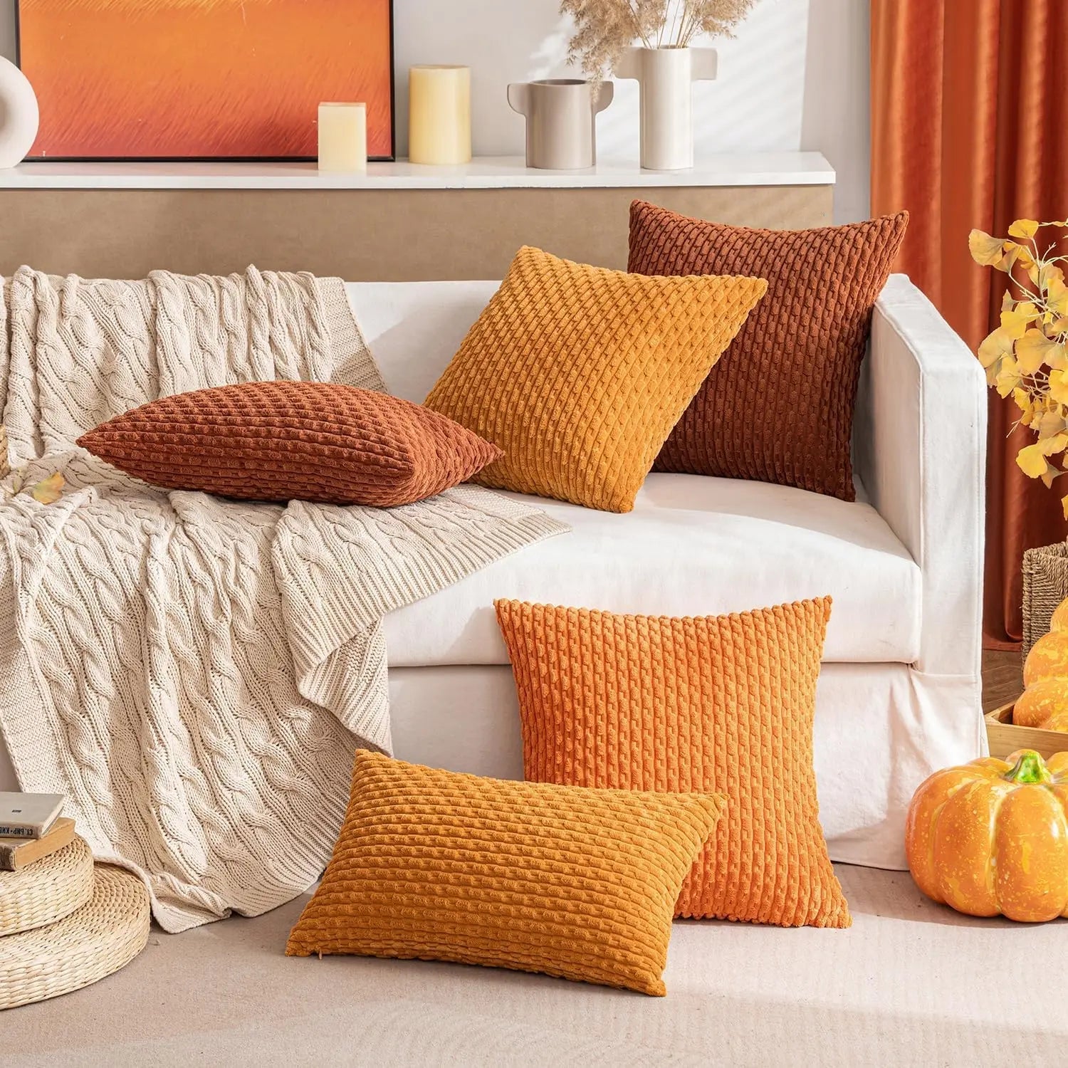 Boho Decorative Cushion Cover in Soft Rib Velvet with Stripes β Accent Pillows for Couch and Bed, Machine Washable 2