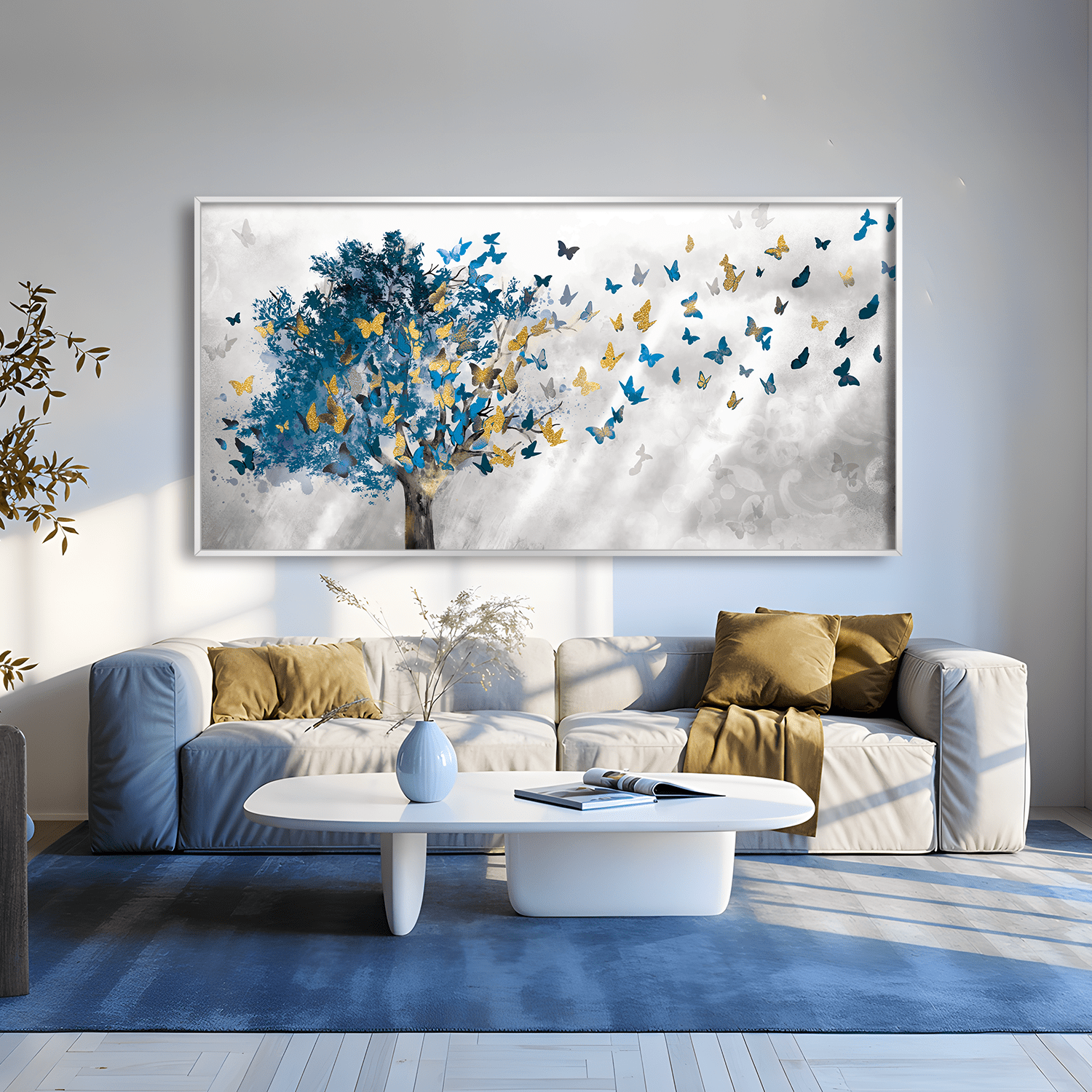 Butterfly Leaves Canvas Art – Nature-Inspired Wall Decor in Blue and Yellow – 24x36 Inches Unframed Canvas Print 2