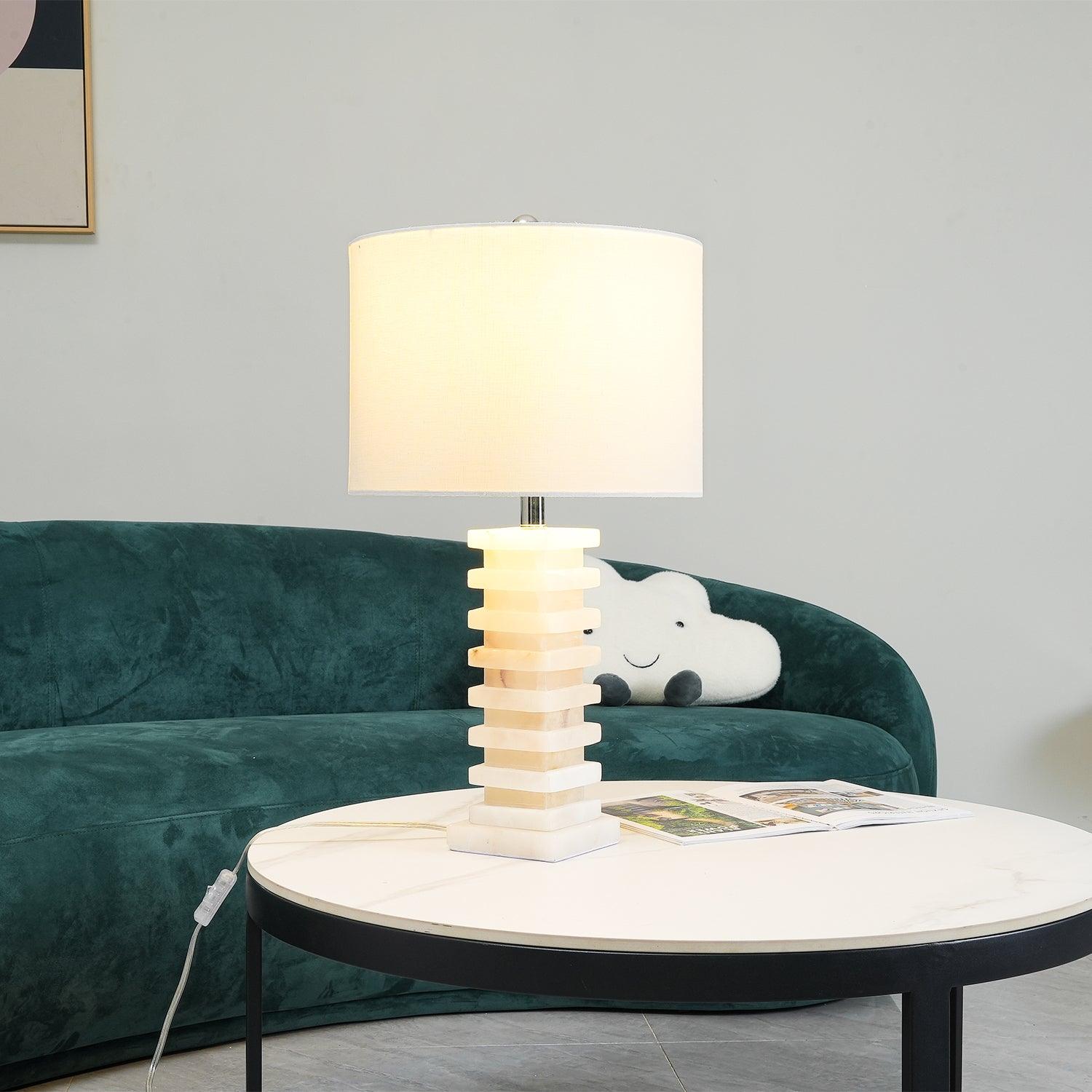 Elegant Alabaster Table Lamp with White Fabric Shade – 36cm Diameter, Indoor Bedside or Desk Lamp 2