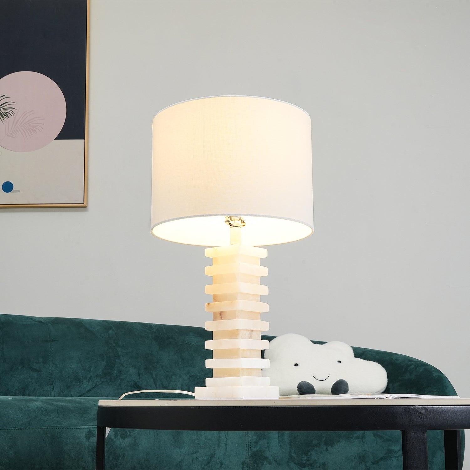 Elegant Alabaster Table Lamp with White Fabric Shade – 36cm Diameter, Indoor Bedside or Desk Lamp 6