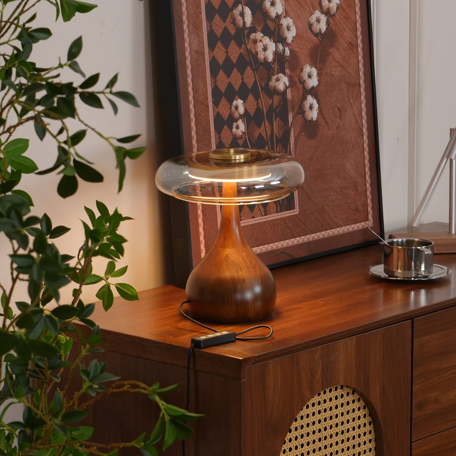 Elegant Glass Table Lamp with Adjustable LED Color Temperatures – Brass and Wood Design for Living Room or Bedroom 2