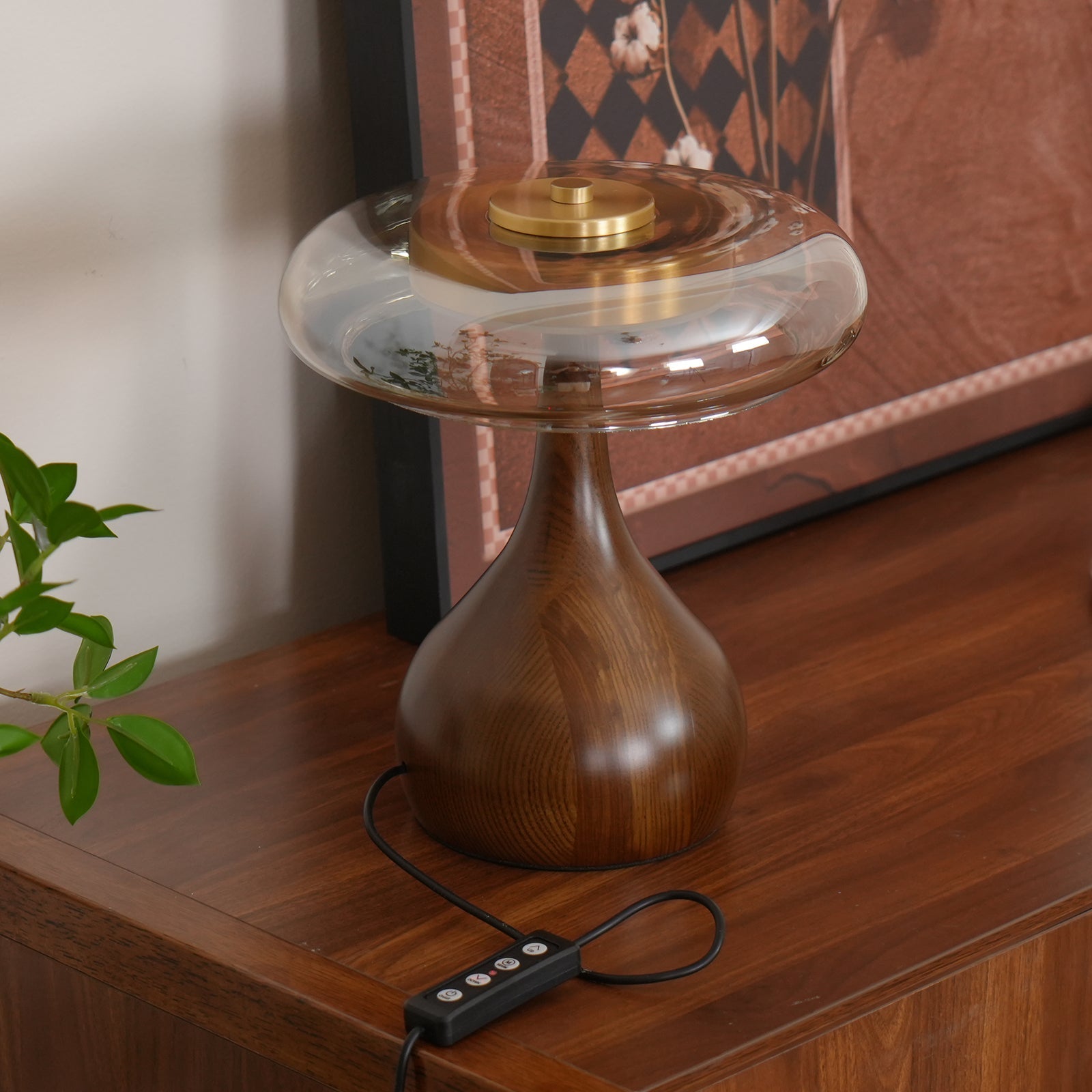 Elegant Glass Table Lamp with Adjustable LED Color Temperatures – Brass and Wood Design for Living Room or Bedroom 6