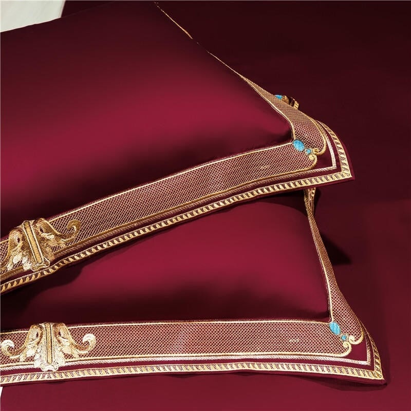 Elegant Merlot Embroidered Pillowcases Set of 2 – Luxurious Red with Golden Detailing, Standard Size, Soft Fabric 0
