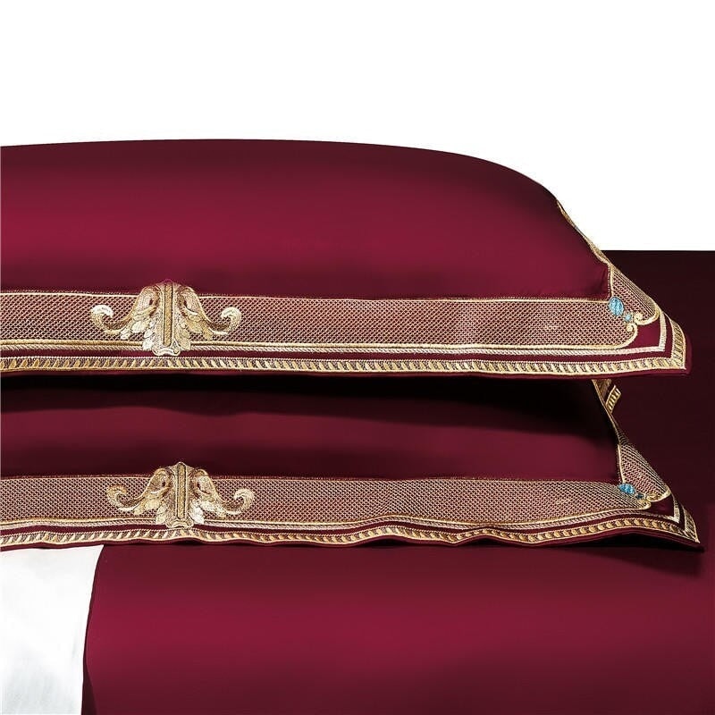 Elegant Merlot Embroidered Pillowcases Set of 2 – Luxurious Red with Golden Detailing, Standard Size, Soft Fabric 1