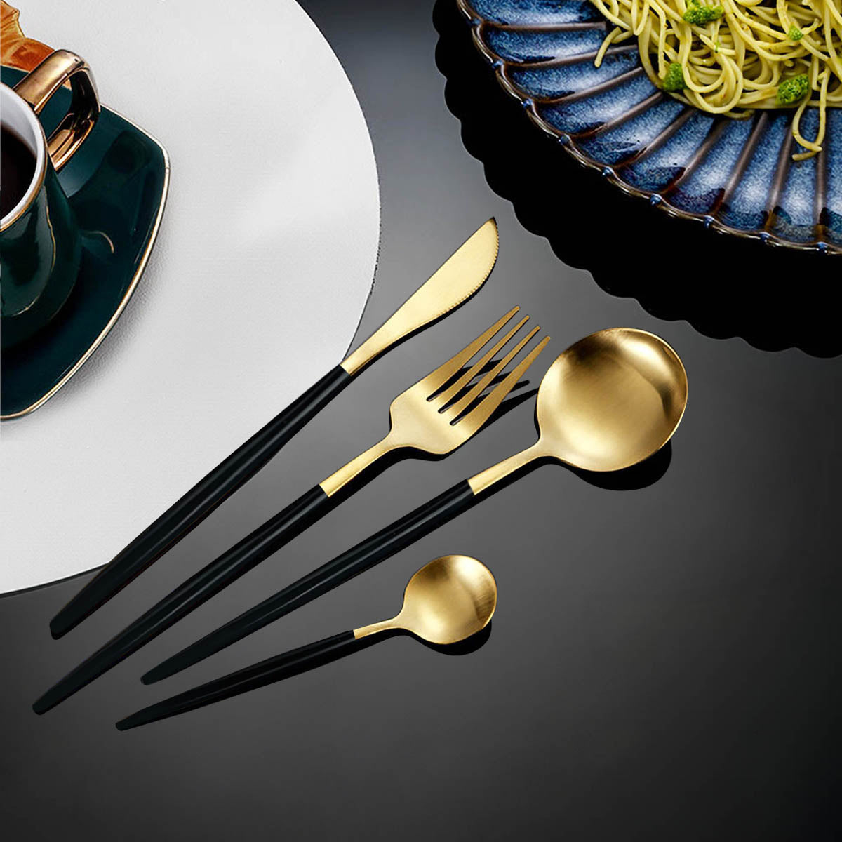 Elegant Stainless Steel Cutlery Set with Gold Finish and Black Handles – Modern Dining Essentials 6