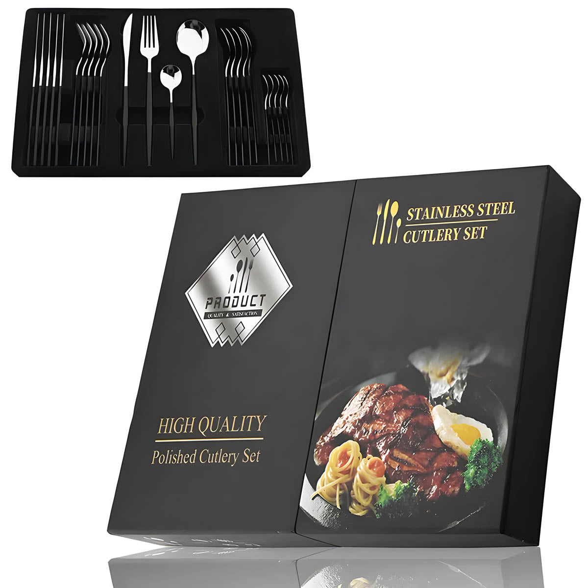 Elegant Stainless Steel Cutlery Set with Gold Finish and Black Handles – Modern Dining Essentials 7