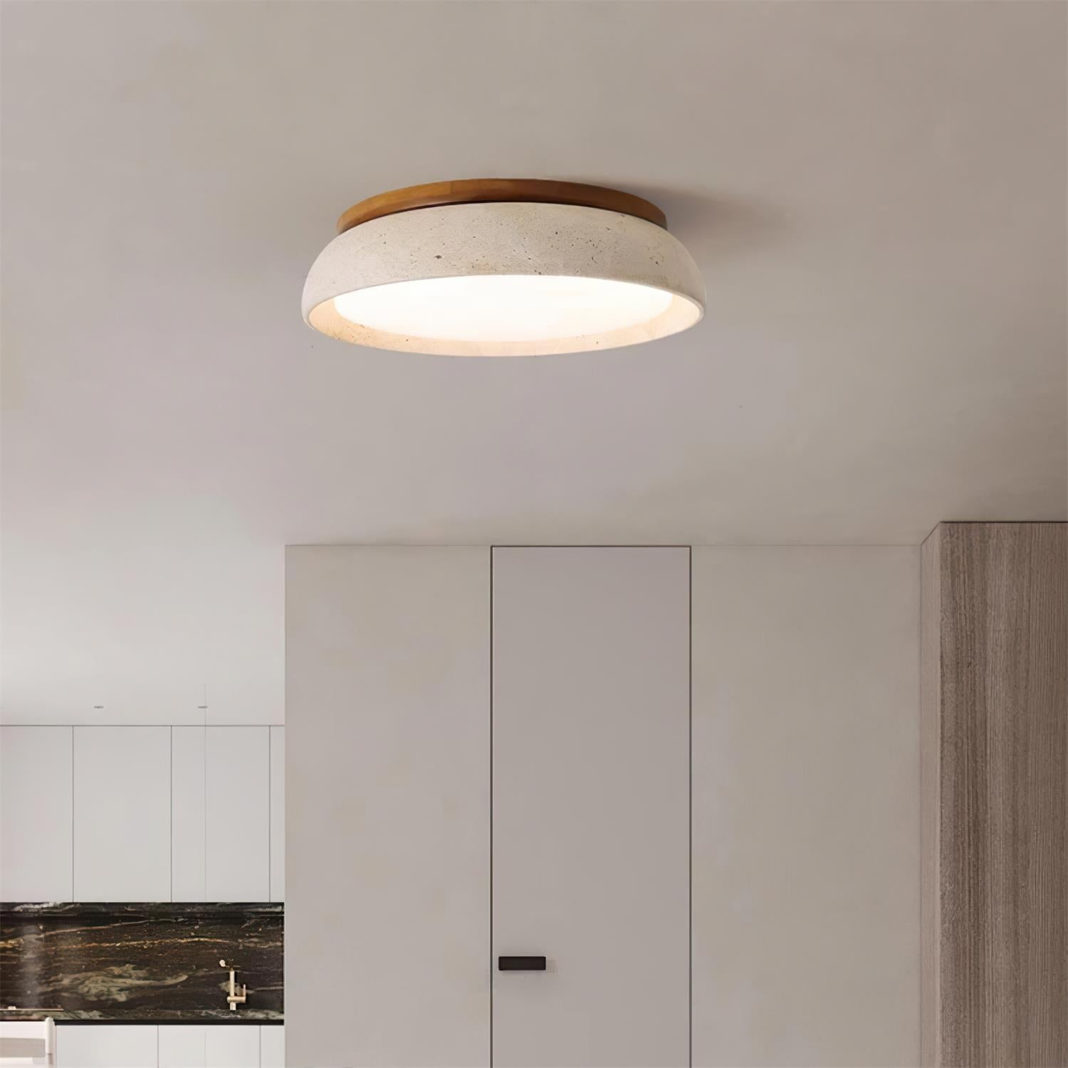 Elegant Travertine LED Ceiling Light Fixture with Wooden Base – Modern Minimalist Design for Indoor Spaces 2