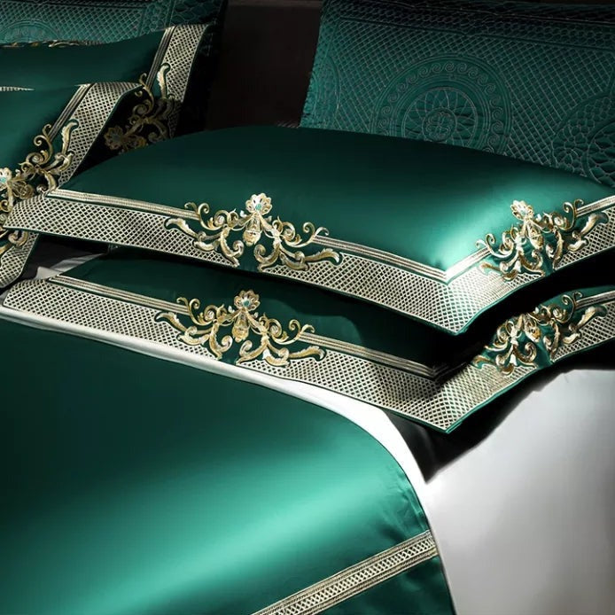 Emerald Green Jacquard Pillowcase Set of 2 – 100% Egyptian Cotton, Soft and Durable with Golden Detailing 0