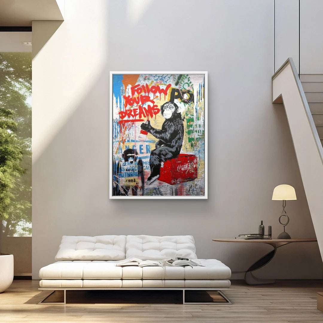Follow Dreams Art Print – Vibrant Monkey and Graffiti Canvas Art with High-Quality Craftsmanship, Ready to Hang 3