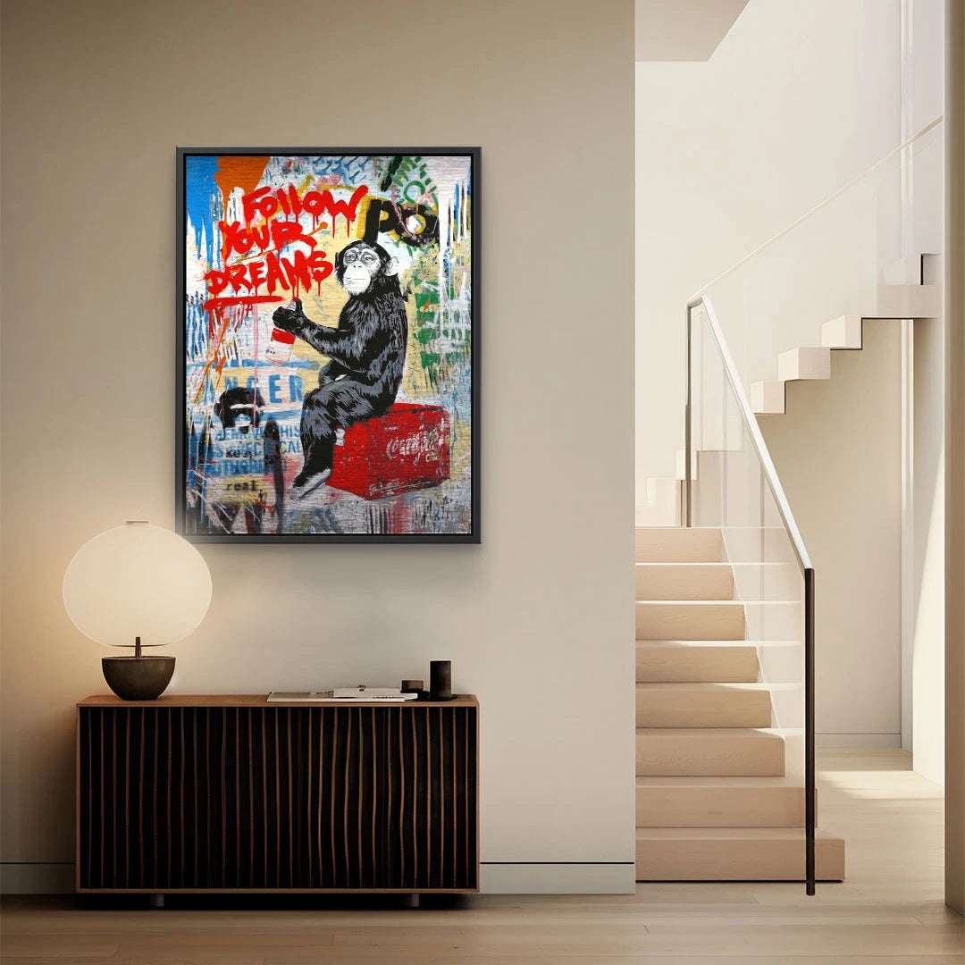 Follow Dreams Art Print – Vibrant Monkey and Graffiti Canvas Art with High-Quality Craftsmanship, Ready to Hang 4