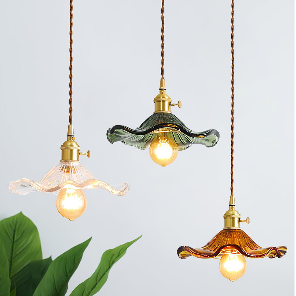 Hibiscus Flower Glass Pendant Light – Adjustable Brass Hanging Light for Kitchen and Home Décor 1