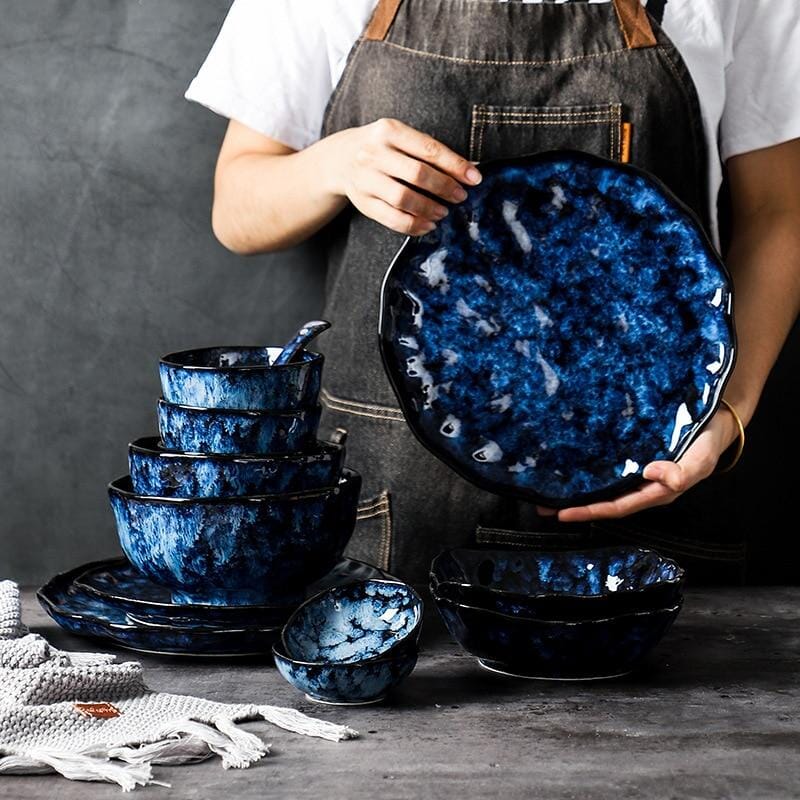Japanese Style Blue Porcelain Dinnerware Set – Rustic Plates, Bowls, and Platters, Microwave and Dishwasher Safe 1