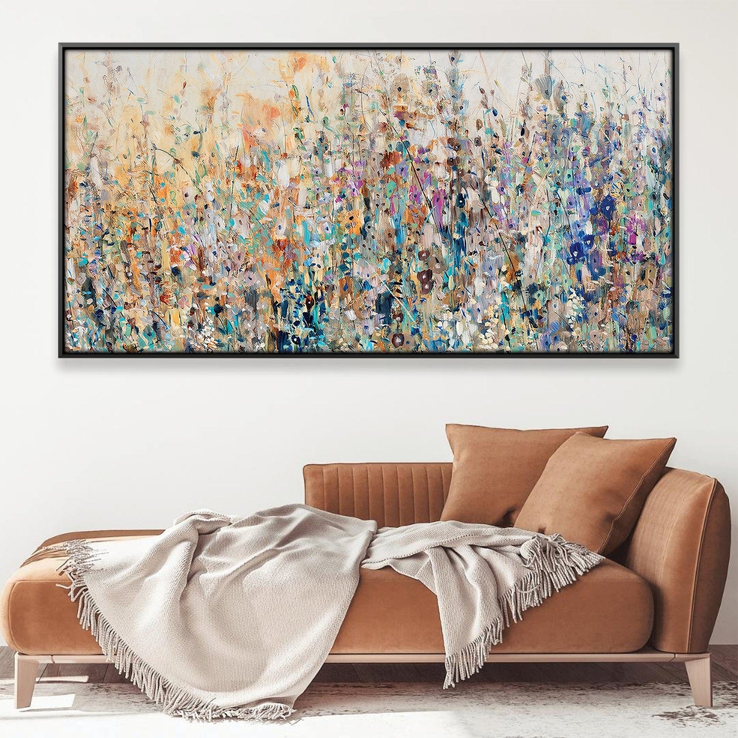Large Abstract Floral Canvas Wall Art – Vibrant Meadow Design in Blue, Orange, and Green – 24 x 36 Inches 0
