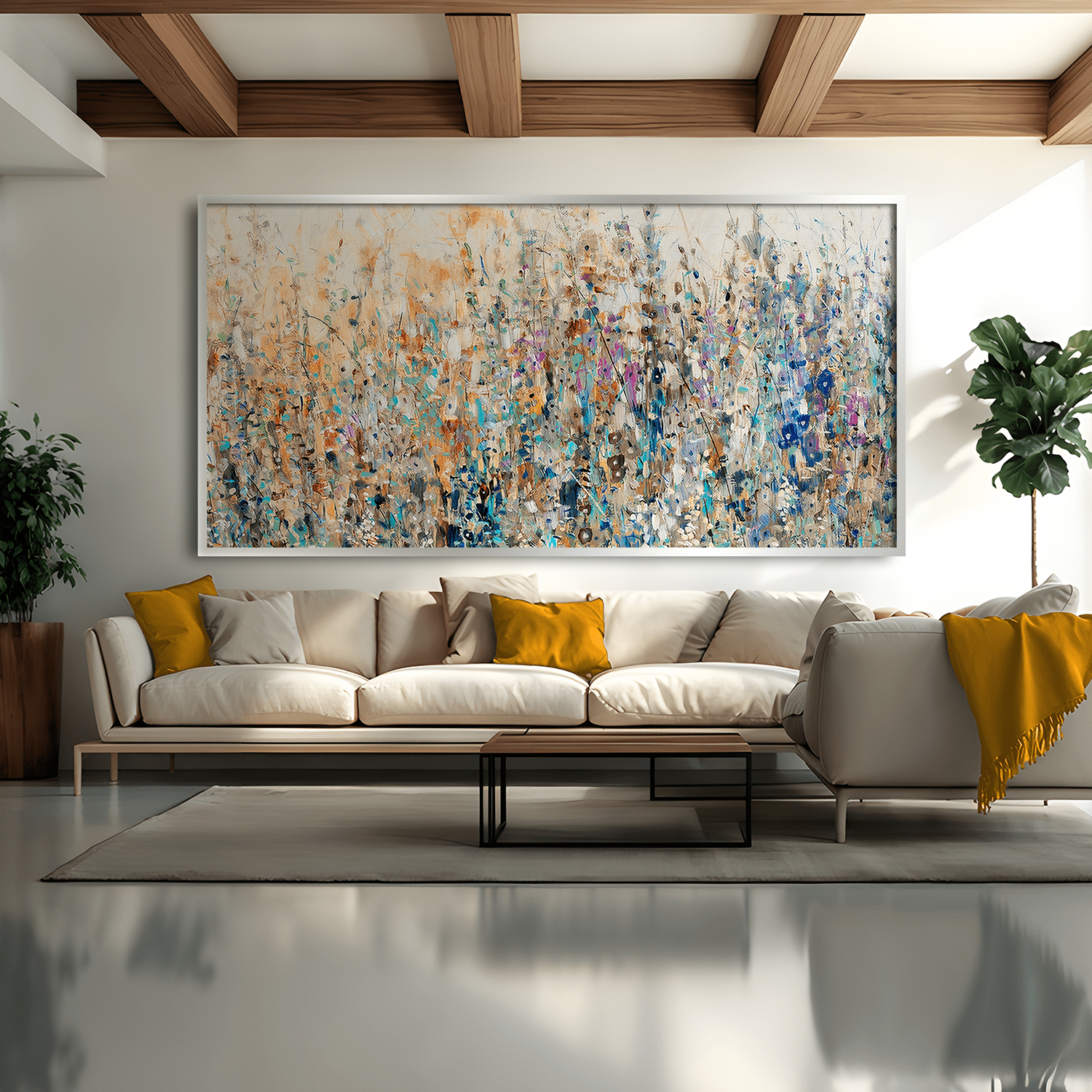 Large Abstract Floral Canvas Wall Art – Vibrant Meadow Design in Blue, Orange, and Green – 24 x 36 Inches 2