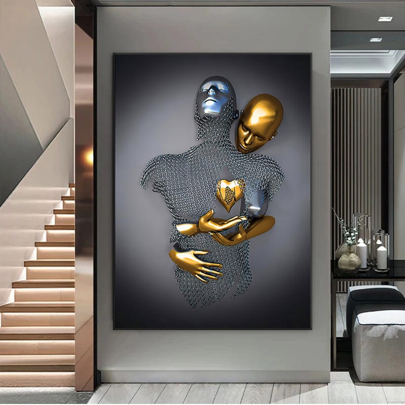 Limited Edition Art Print of Golden Love Artwork β Female Android Embracing Male Sculpture, Museum-Quality Paper, 75+ Years Color Guarantee 1