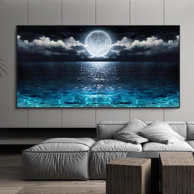 Limited Edition Moon Rise Art Print – Serene Full Moon Over Blue Waters – High-Quality Canvas Print for Home Décor 3