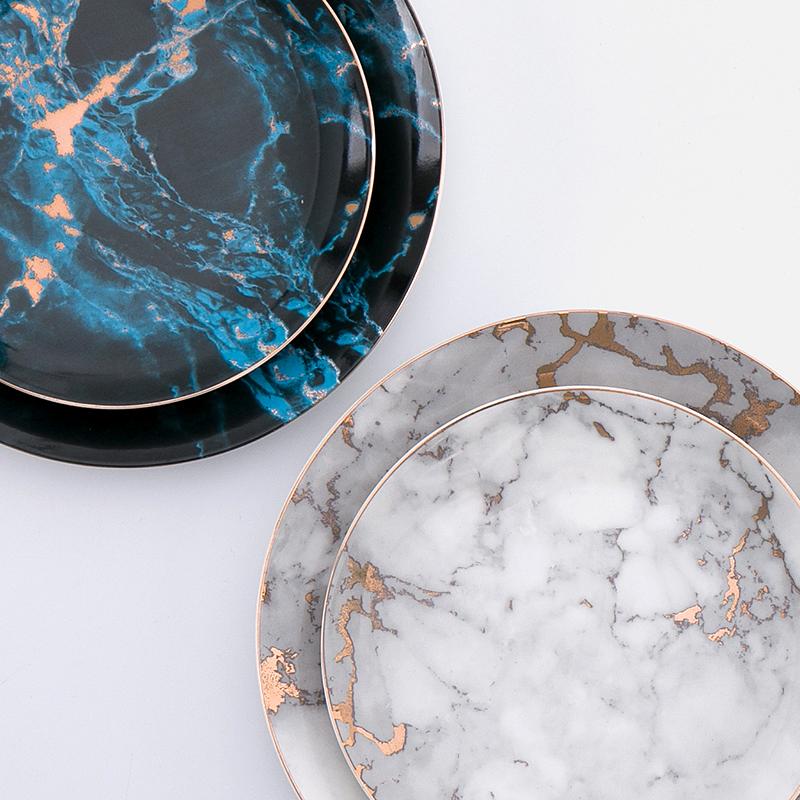 Marbled Fine Porcelain Dinner Plate Set with Gilded Corners – Elegant Kitchenware Collection 2