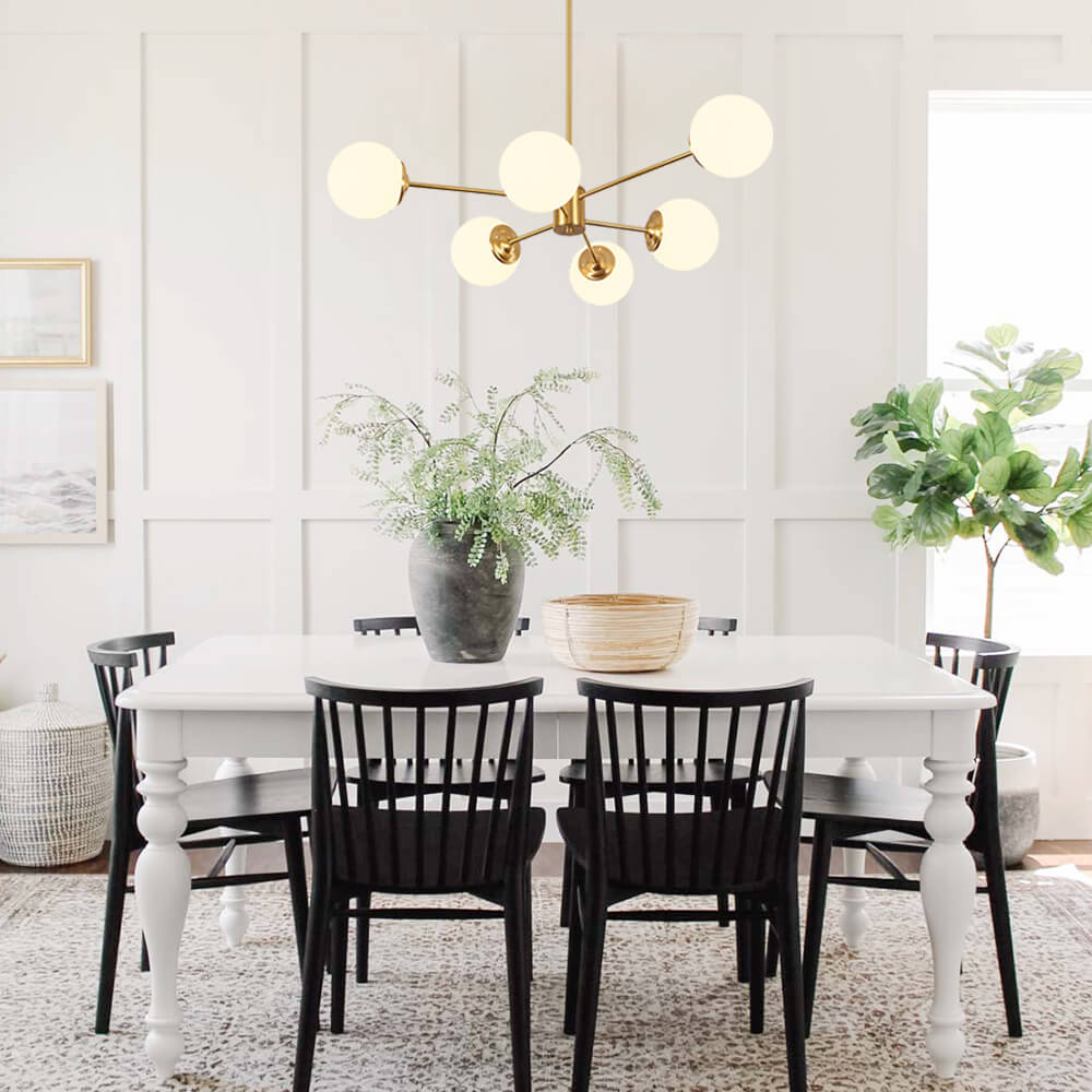 Mid-Century Modern Black Chandelier Light with Opal Glass Shades – Adjustable Dimmable Dining Room Lighting 1