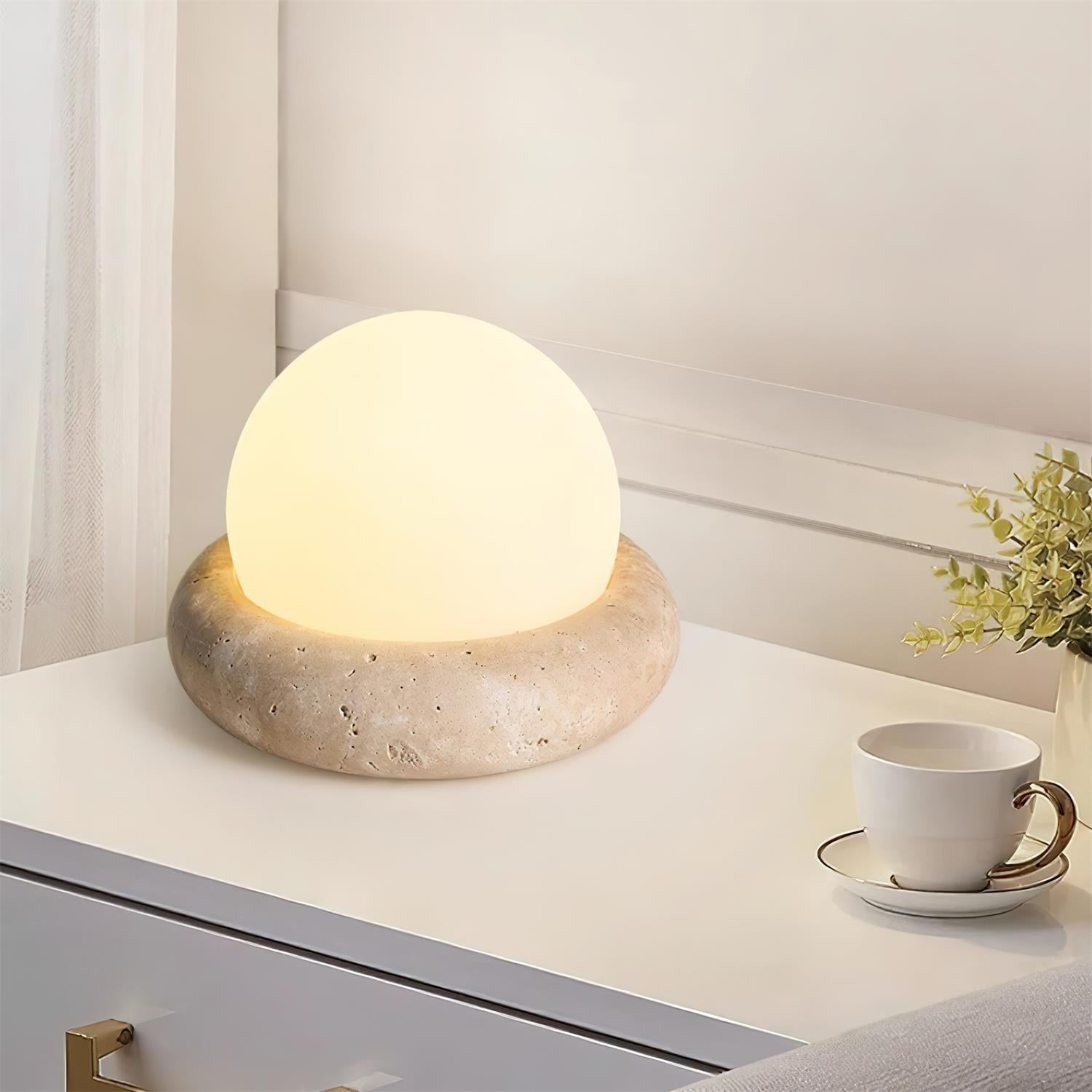 Mini Travertine Globe Table Lamp with Opal Glass Shade – Elegant Bedside Lamp for Ambient Indoor/Outdoor Lighting 3