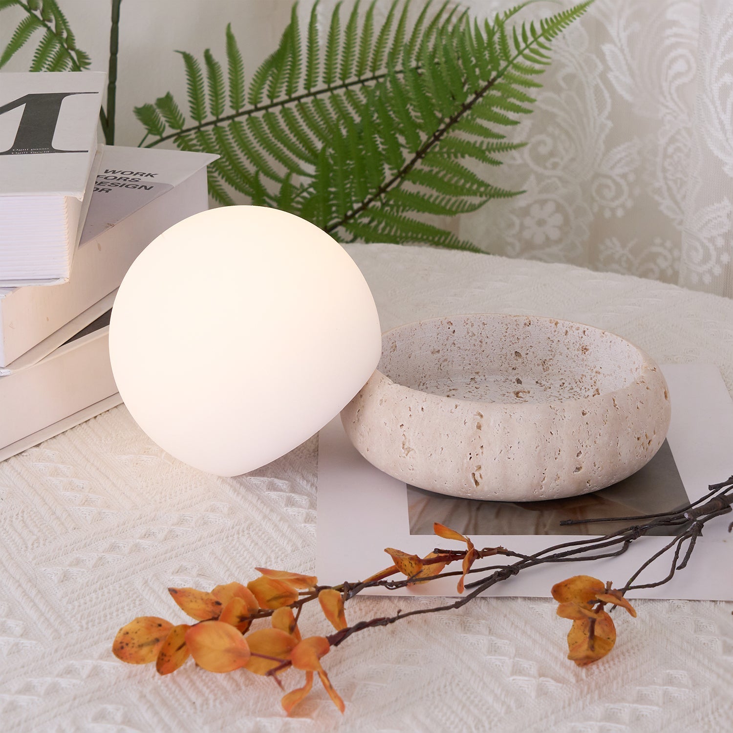 Mini Travertine Globe Table Lamp with Opal Glass Shade – Elegant Bedside Lamp for Ambient Indoor/Outdoor Lighting 8