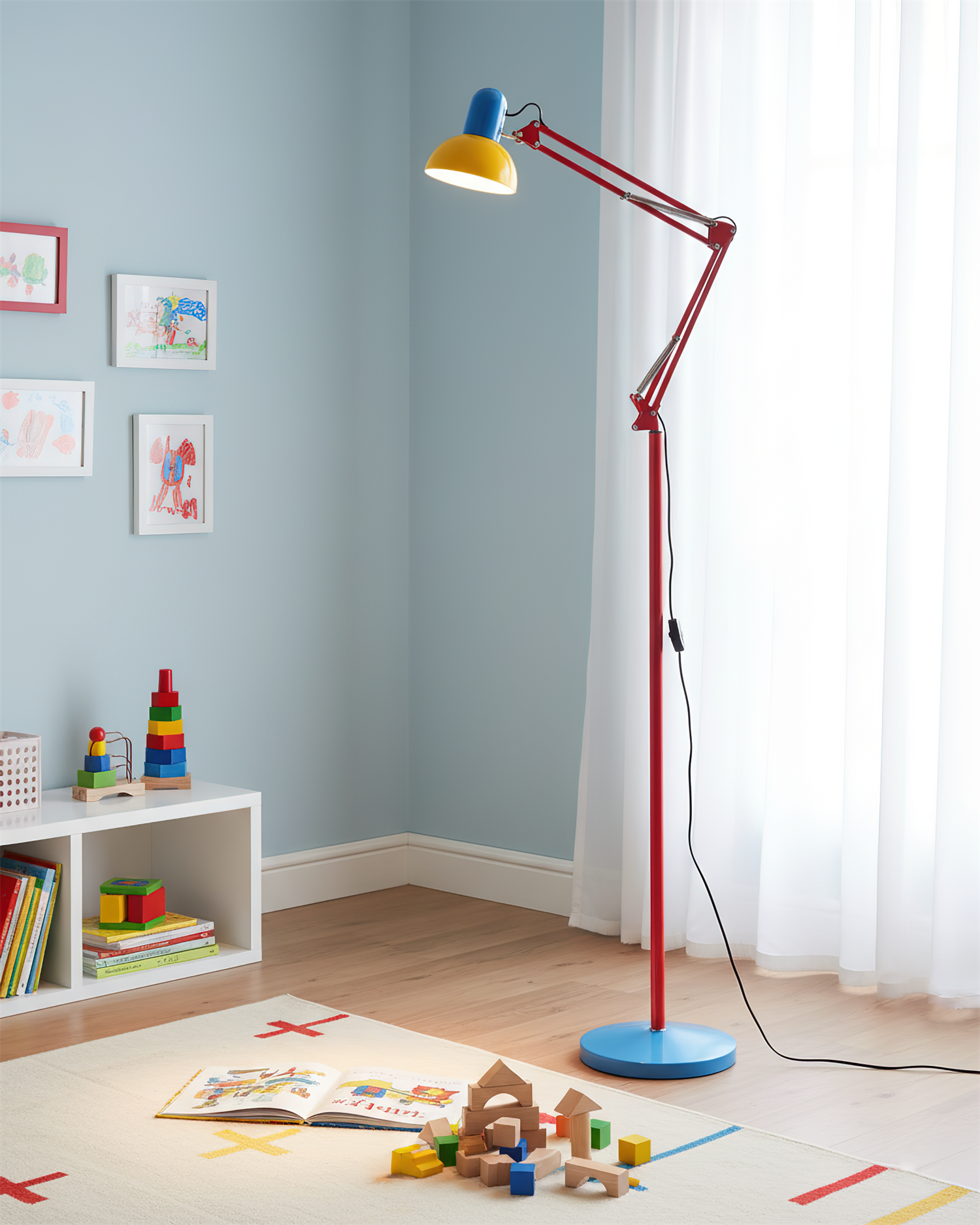 Modern Adjustable Floor Lamp with Colorful Design – Blue Base, Red Arm, Yellow Shade for Living Room and Contemporary Spaces 2