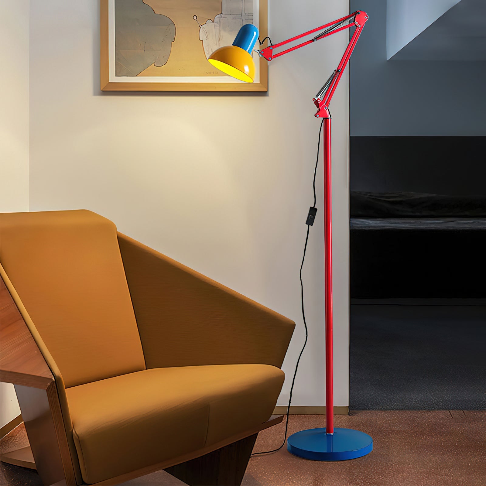 Modern Adjustable Floor Lamp with Colorful Design – Blue Base, Red Arm, Yellow Shade for Living Room and Contemporary Spaces 3