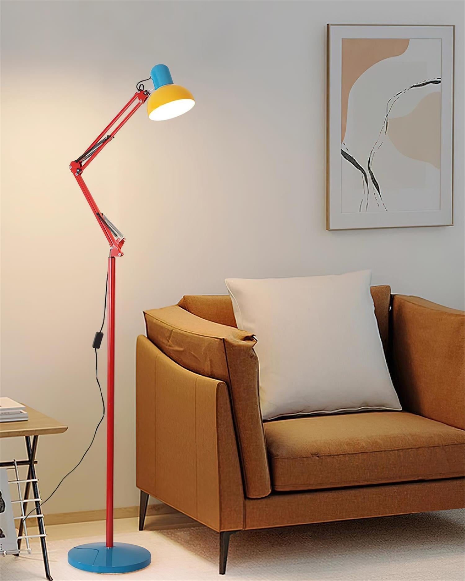 Modern Adjustable Floor Lamp with Colorful Design – Blue Base, Red Arm, Yellow Shade for Living Room and Contemporary Spaces 4