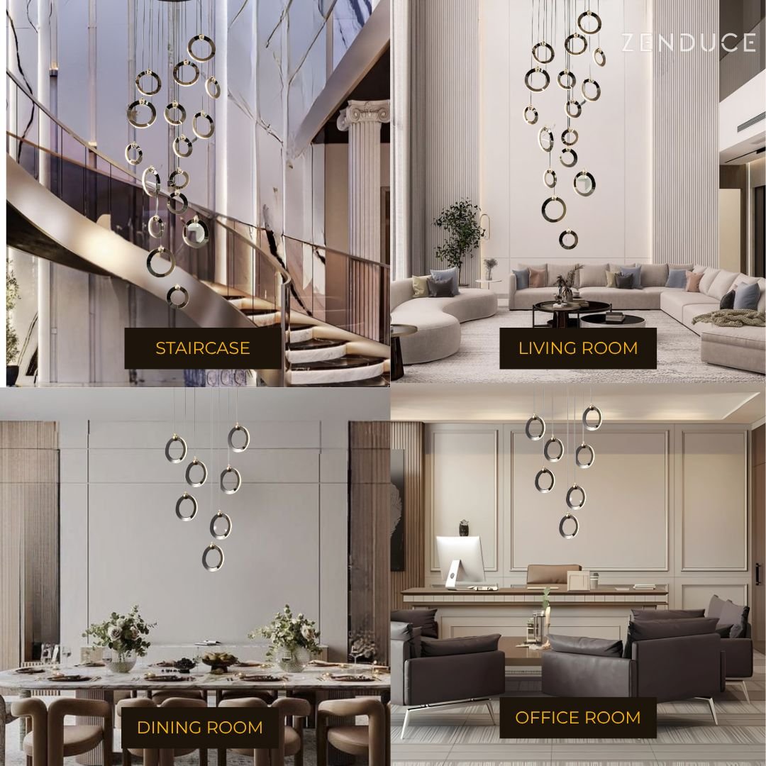 Modern Black LED Chandelier Light with Adjustable Height and Customizable Ring Count for Living Room and Staircase 2