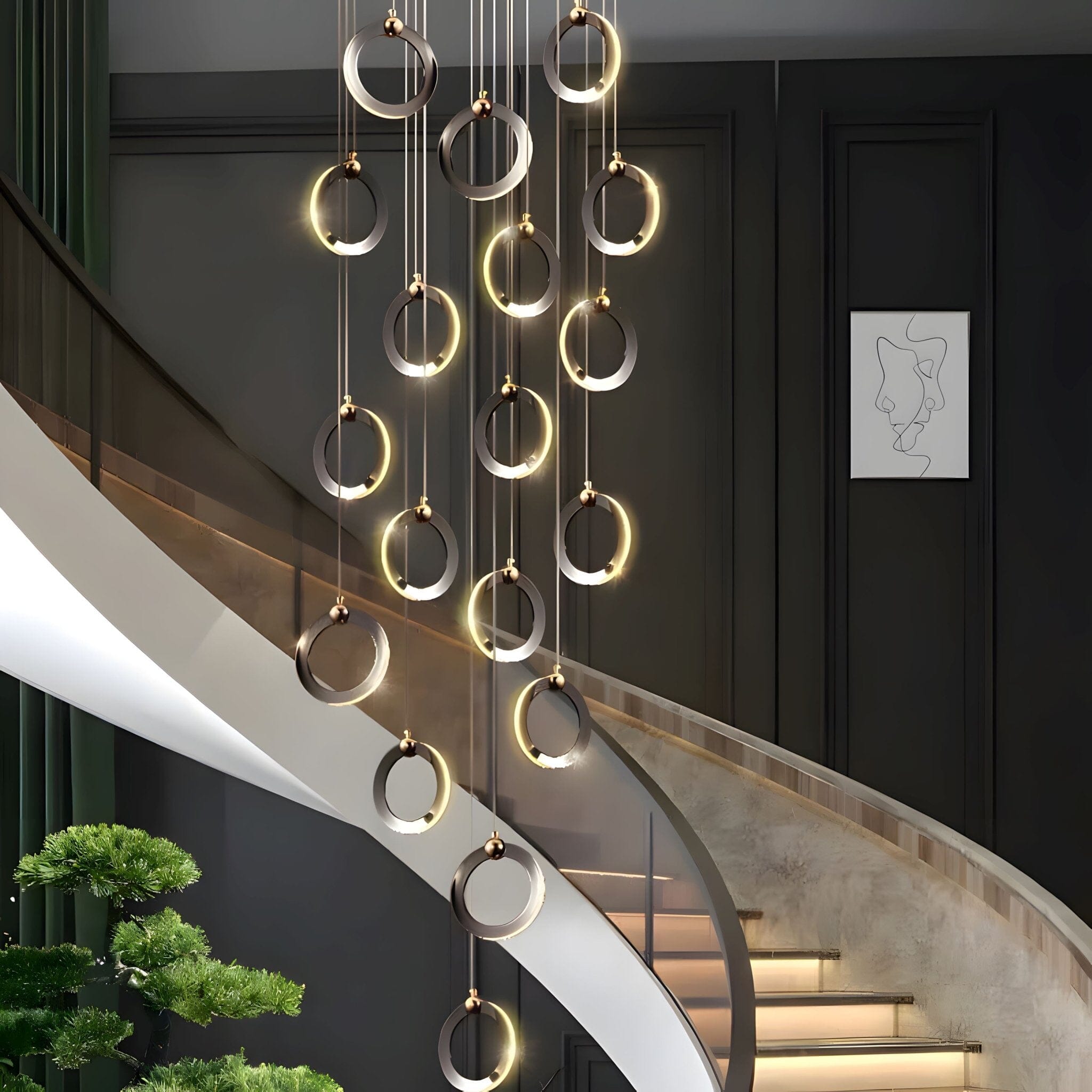 Modern Black LED Chandelier Light with Adjustable Height and Customizable Ring Count for Living Room and Staircase 3