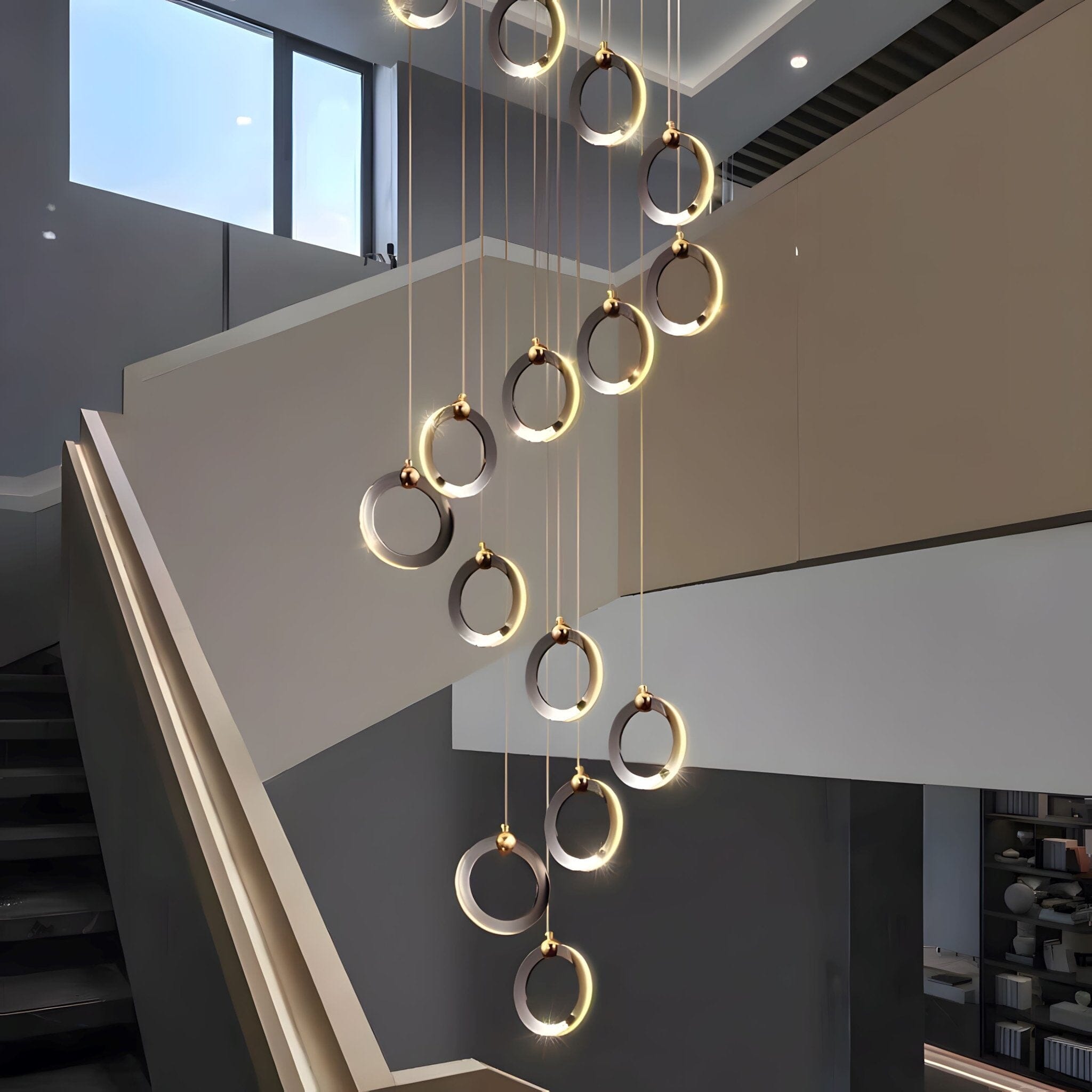 Modern Black LED Chandelier Light with Adjustable Height and Customizable Ring Count for Living Room and Staircase 6
