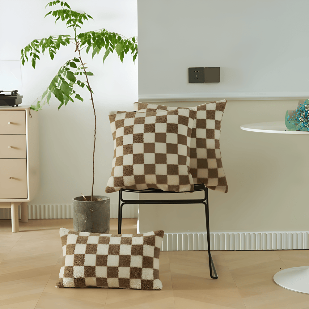 Modern Checkered Cushion Cover in Green and Coffee Brown β Soft Polyester with Hidden Zipper for Stylish Home Decor 10