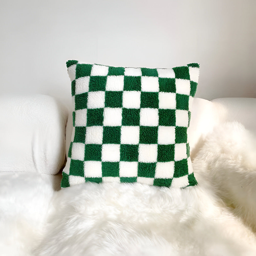 Modern Checkered Cushion Cover in Green and Coffee Brown β Soft Polyester with Hidden Zipper for Stylish Home Decor 5
