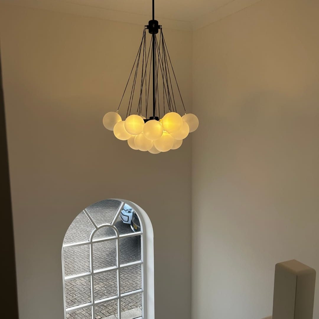 Modern Glass Bubble Chandelier Light – Three Bulb Design with Black and Brass Finish for Elegant Home Lighting 4