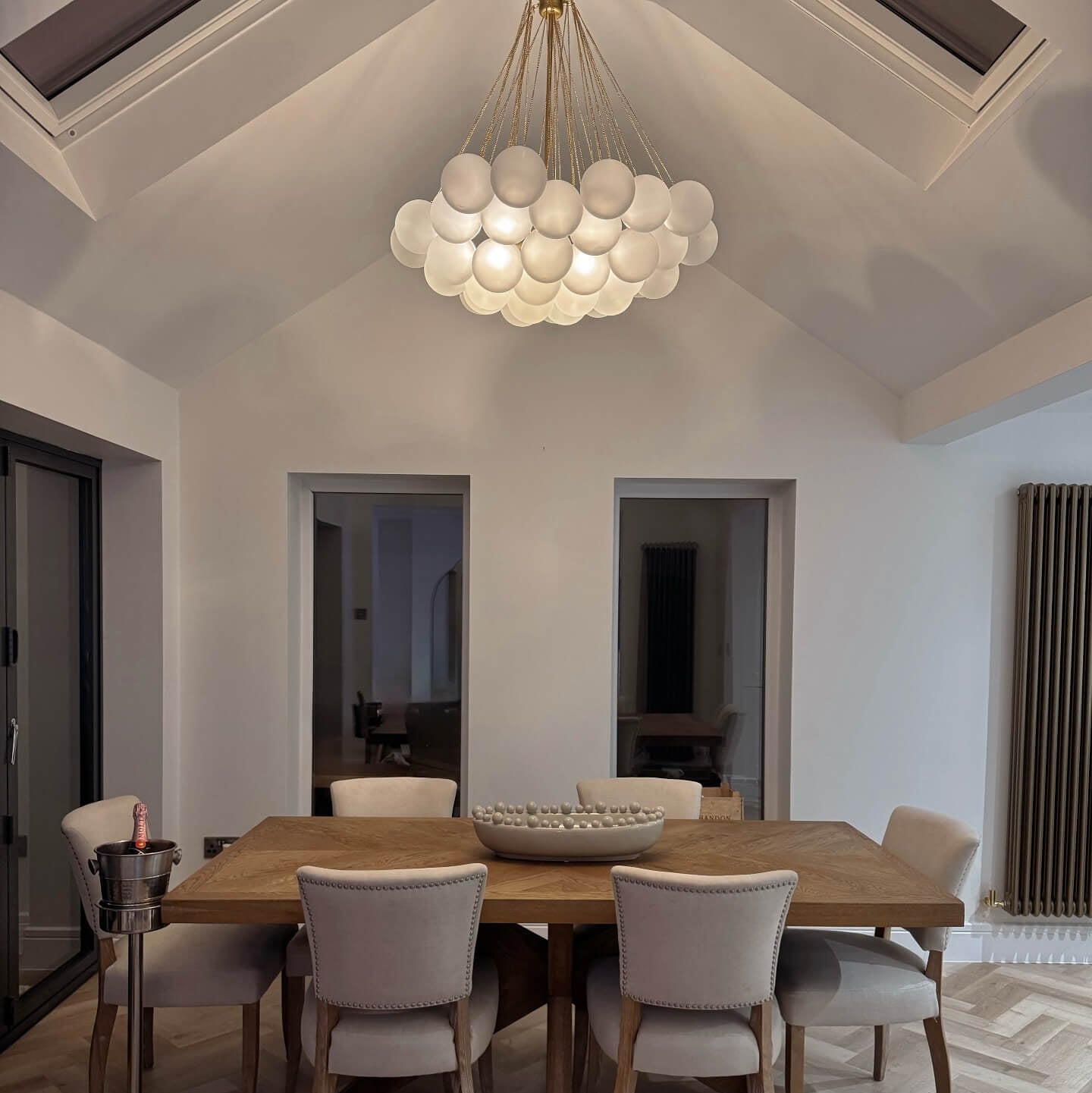 Modern Glass Bubble Chandelier Light – Three Bulb Design with Black and Brass Finish for Elegant Home Lighting 7