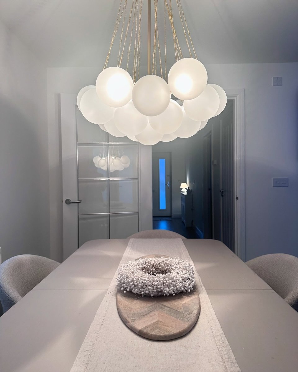 Modern Glass Bubble Chandelier Light – Three Bulb Design with Black and Brass Finish for Elegant Home Lighting 8
