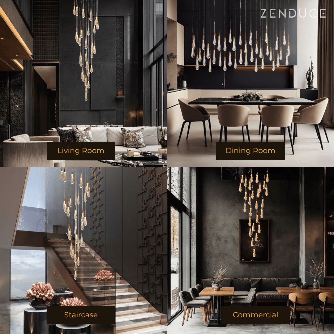 Modern Gold Chandelier Light with LED Crystal Raindrops – Elegant Pendant Fixture for High Ceilings 1