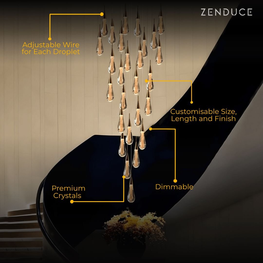 Modern Gold Chandelier Light with LED Crystal Raindrops – Elegant Pendant Fixture for High Ceilings 2