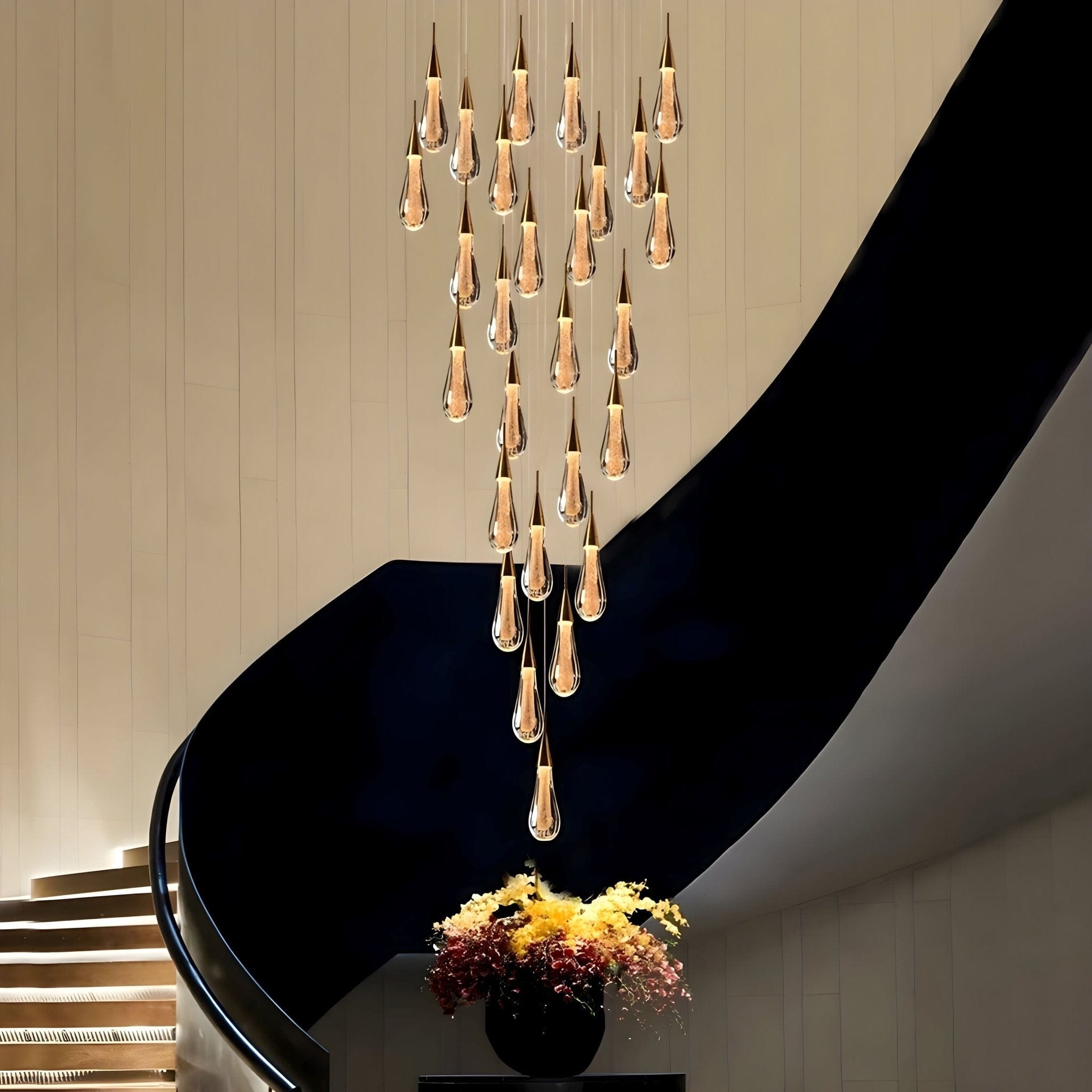 Modern Gold Chandelier Light with LED Crystal Raindrops – Elegant Pendant Fixture for High Ceilings 4