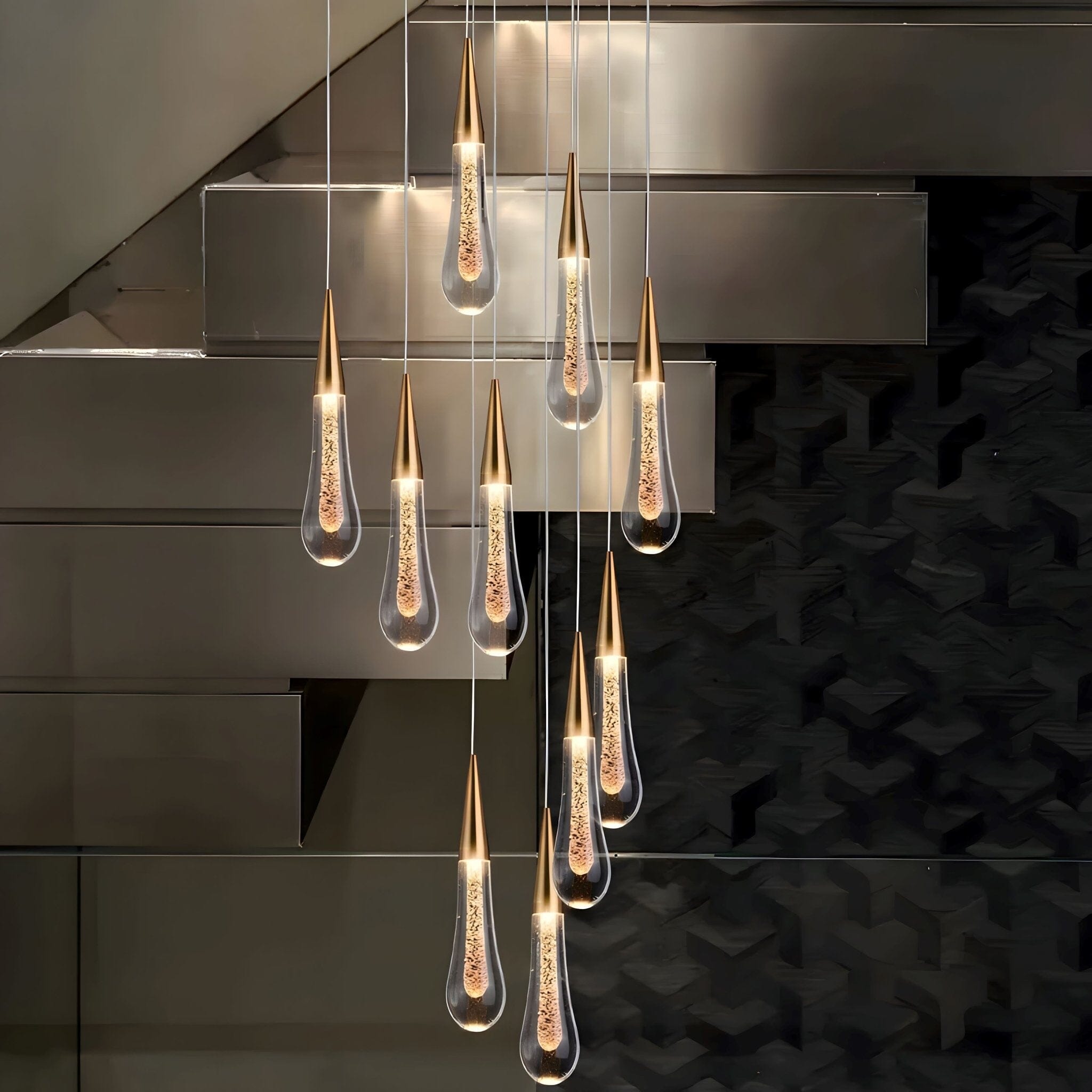 Modern Gold Chandelier Light with LED Crystal Raindrops – Elegant Pendant Fixture for High Ceilings 5