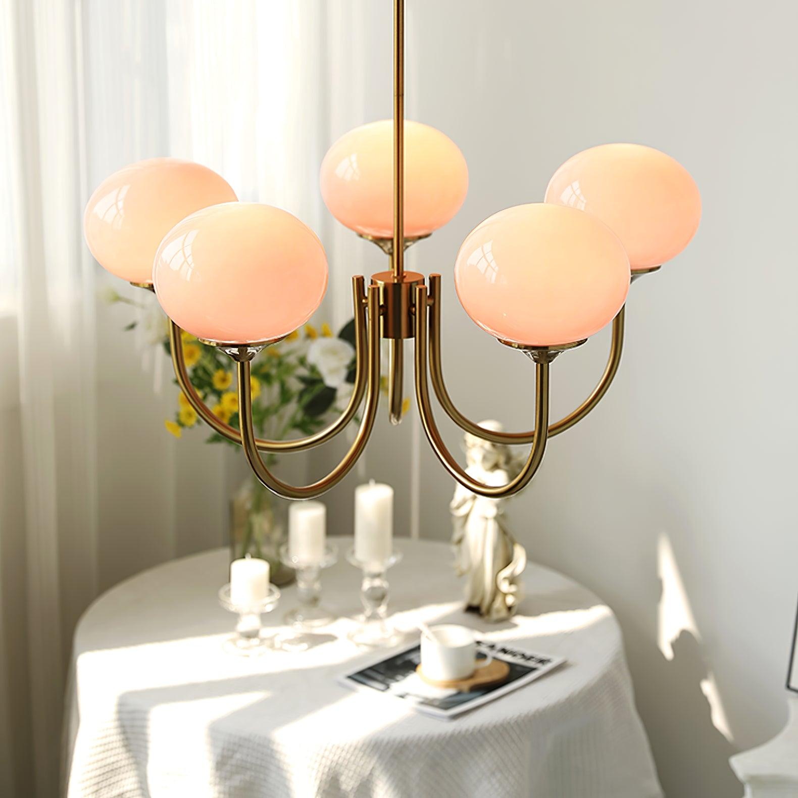 Modern Gold Chandelier Light with Pink Glass Shades – Elegant Dining Room Chandelier for Stylish Home Decor 4