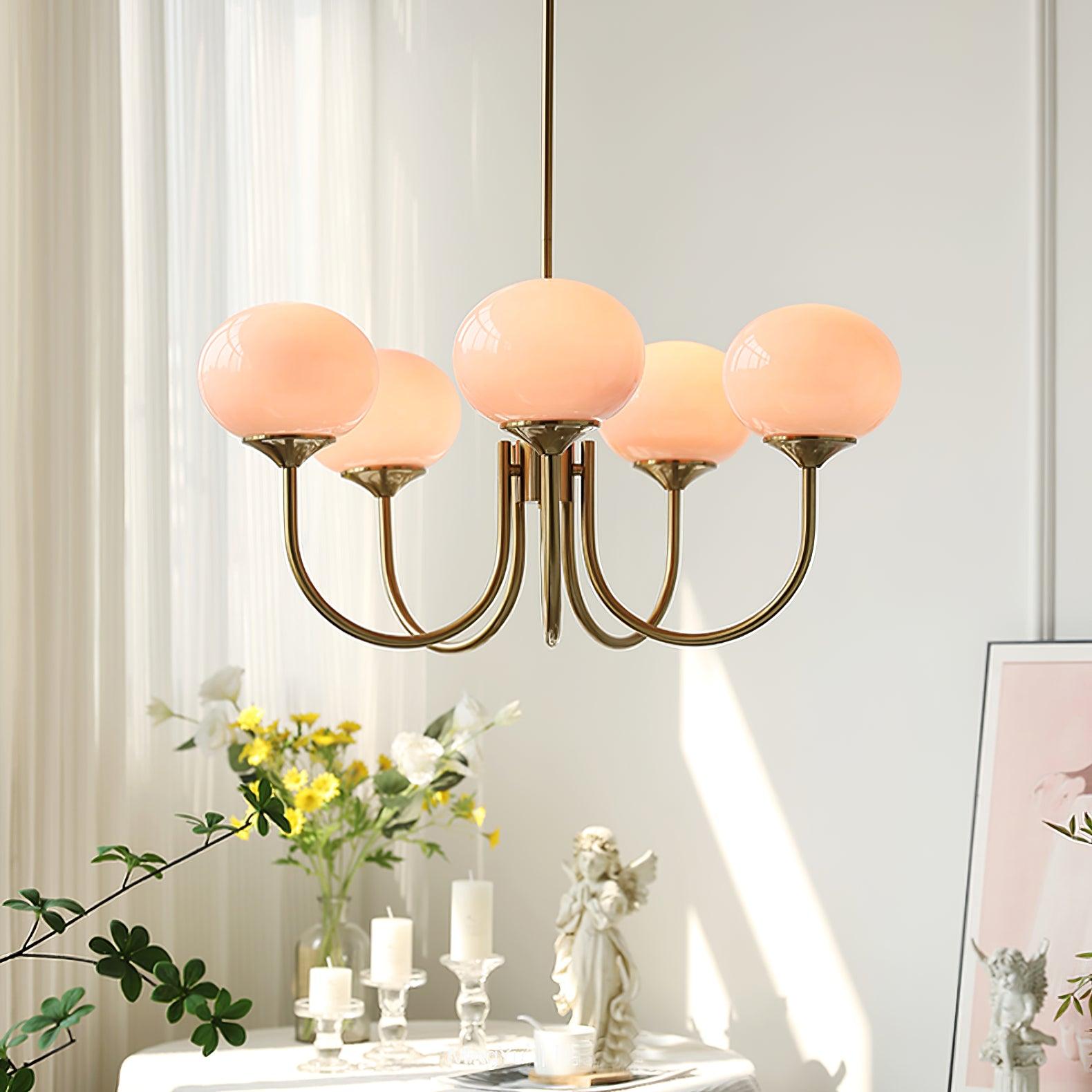 Modern Gold Chandelier Light with Pink Glass Shades – Elegant Dining Room Chandelier for Stylish Home Decor 6