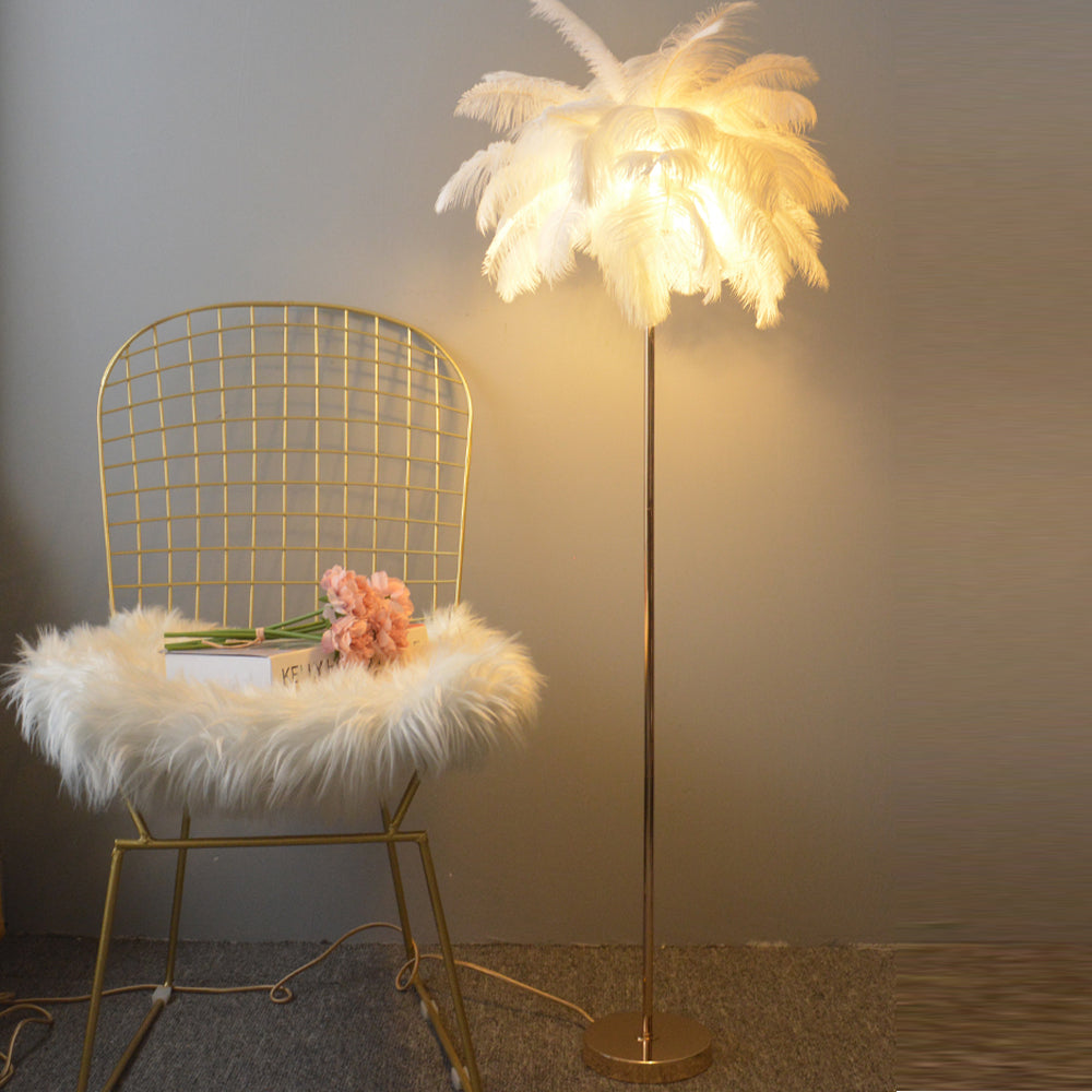 Modern Gold Floor Lamp with Ostrich Feather Shade – Elegant Standing Lamp for Living Room and Bedroom 0