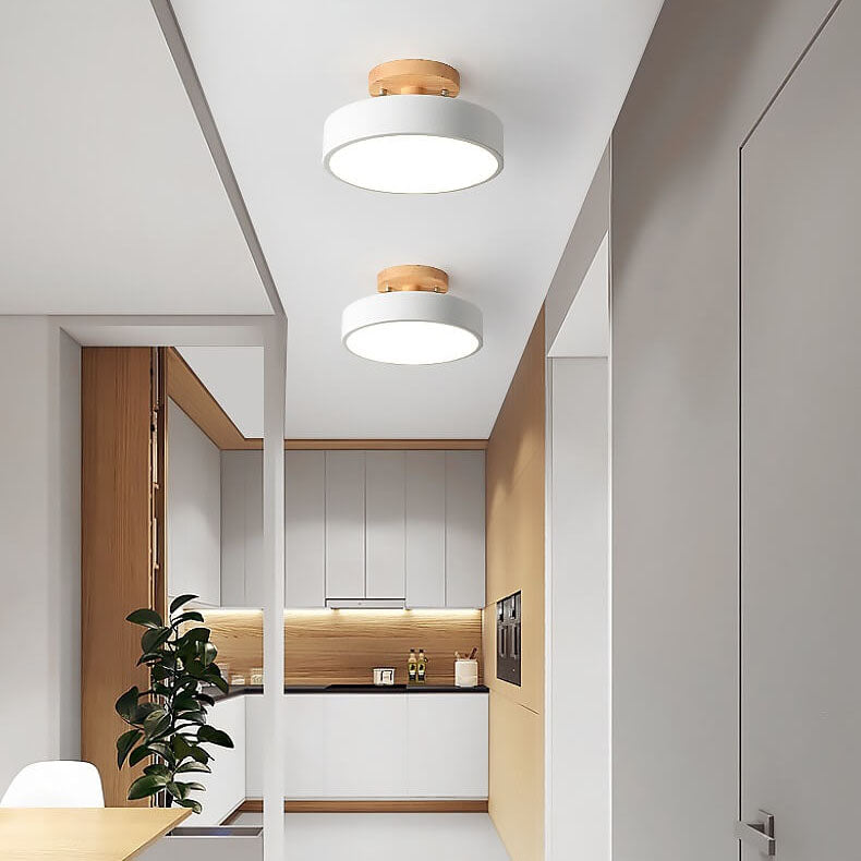 Nordic Round LED Flush Mount Ceiling Light Fixture with Adjustable Color Temperature – Modern Wood Design for Living Room, Hallway, Bedroom