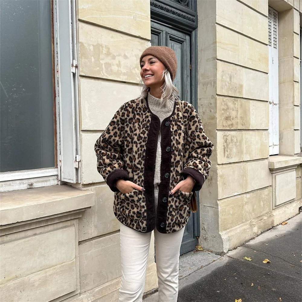 Oversized Leopard Print Winter Jacket for Women – Warm Stylish Outerwear, O-Neck Design, Available in S-XL 0