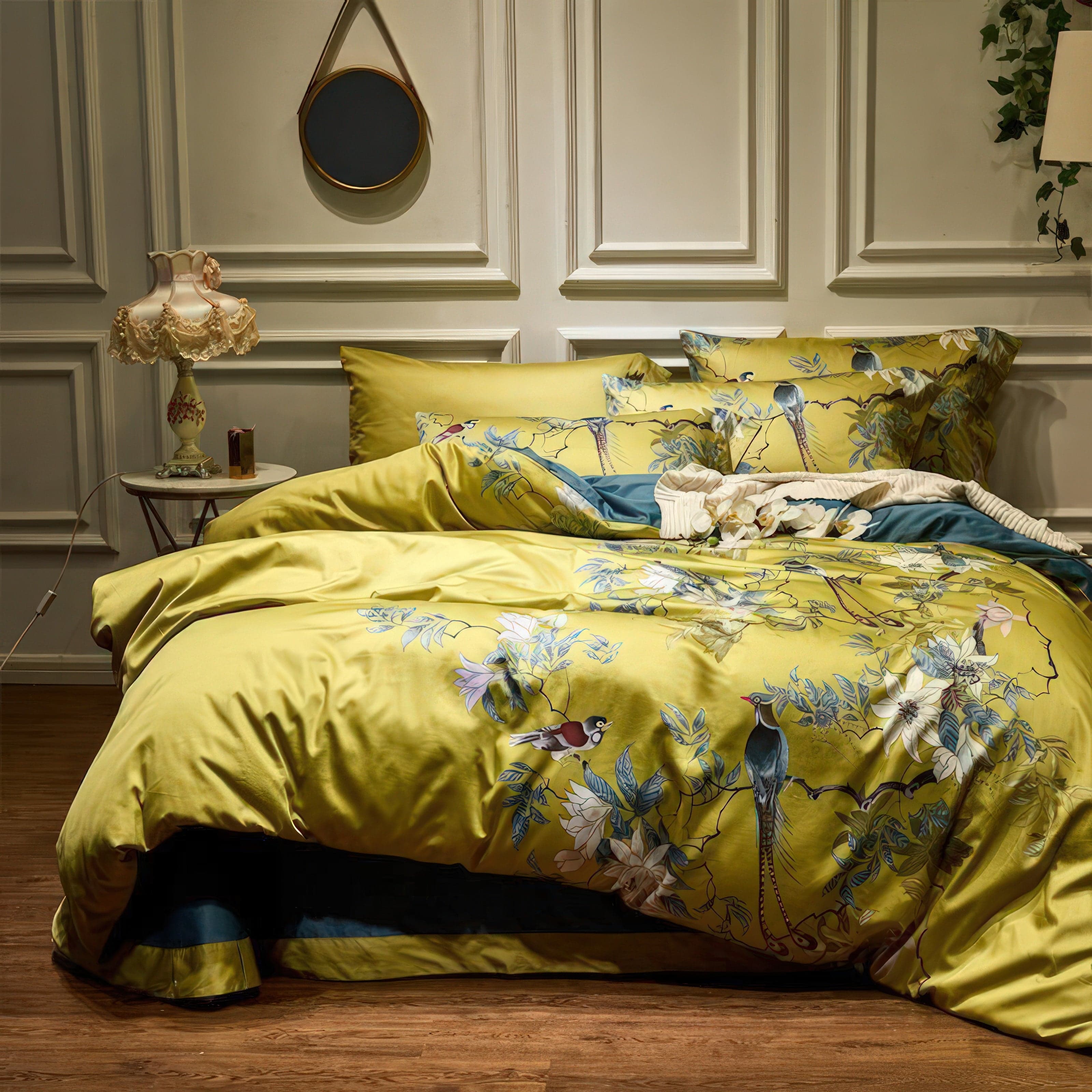Premium 500 Thread Count Egyptian Cotton Duvet Cover King Size – Mustard Yellow with Bird Patterns 0